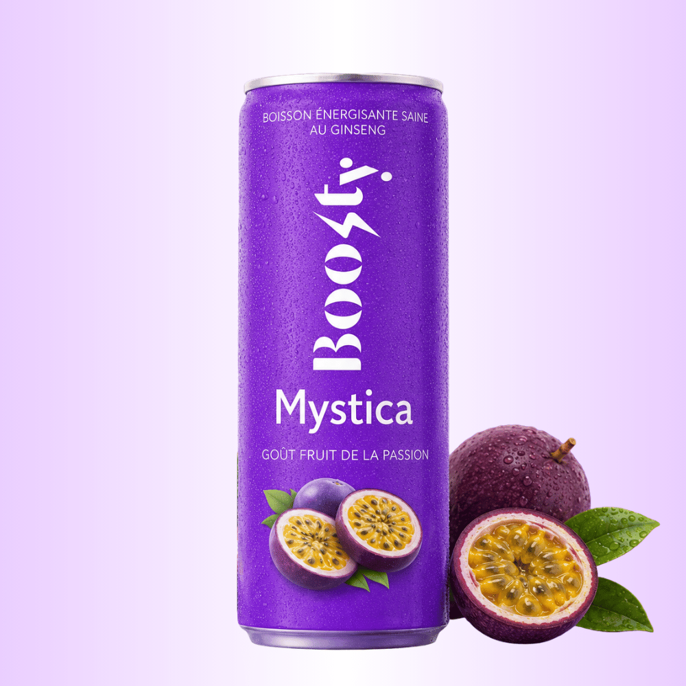 Photo d’une canette Boosty Mystica fruit de la passion.