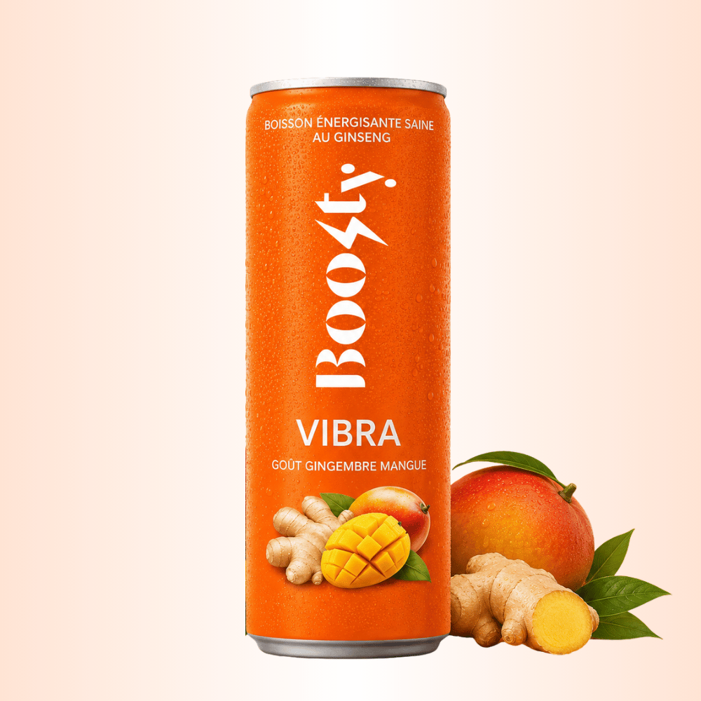 Photo d’une canette Boosty Vibra mangue gingembre.
