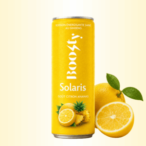 Photo d’une canette Boosty Solaris citron ananas.