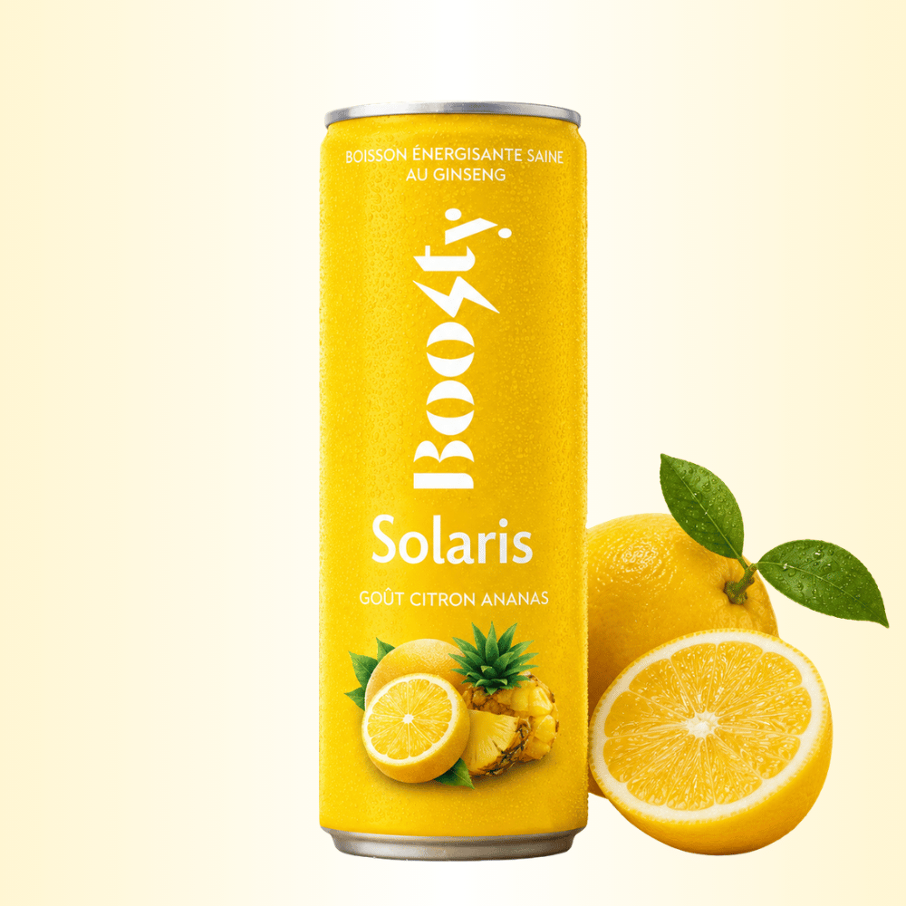 Photo d’une canette Boosty Solaris citron ananas.