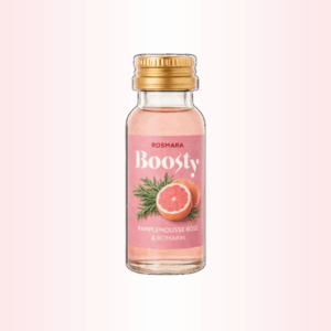 Photo d’une bouteille de shot Boosty Rosmara pamplemousse rose et romarin.