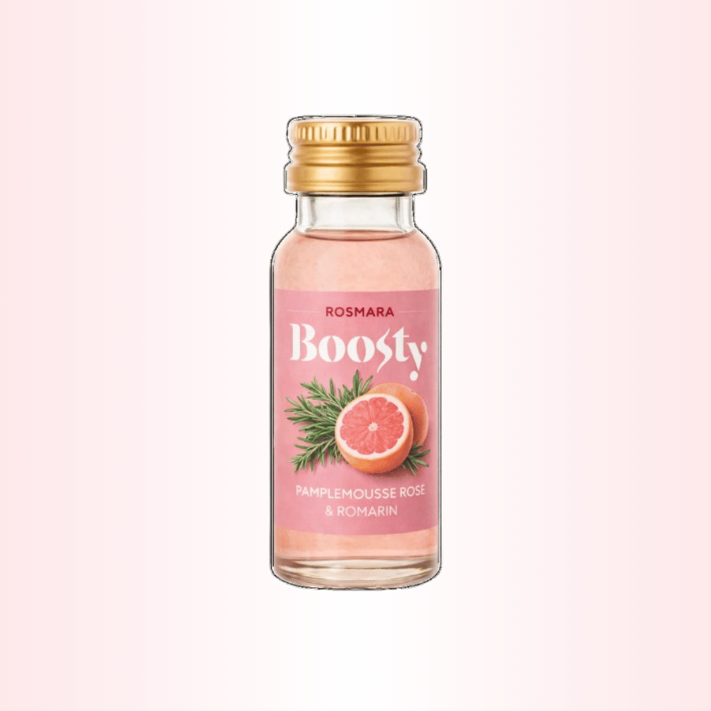 Photo d’une bouteille de shot Boosty Rosmara pamplemousse rose et romarin.