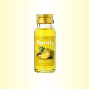 Photo d’une bouteille de shot Boosty Pyros ananas et poivre.