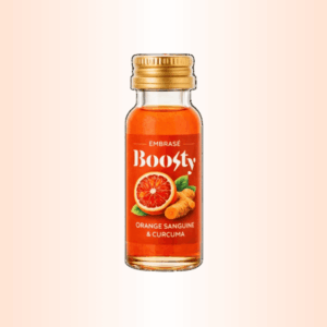 Photo d’une bouteille de shot Boosty Embrasé orange sanguine et curcuma.