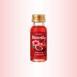 Photo d’une bouteille de shot Boosty Floréa hibiscus et grenade.