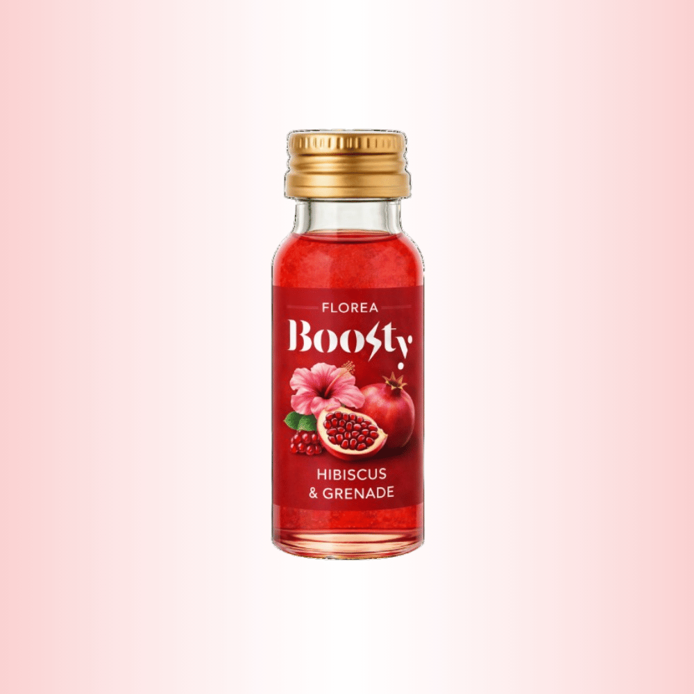 Photo d’une bouteille de shot Boosty Floréa hibiscus et grenade.