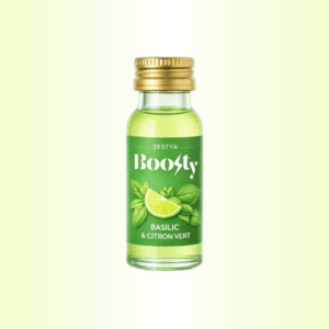 Photo d’une bouteille de shot Boosty Zestya basilic et citron vert.