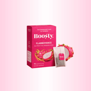 Boîte de thé Boosty de couleur bleue avec le logo de la marque Boosty inscrit dessus. Le nom du thé Serenya est indiqué sur la boîte avec la mention goût myrtille. Une illustration de myrtilles est visible sur la boîte pour représenter le fruit. La boîte précise qu’elle contient 15 sachets de thé noir aromatisé.