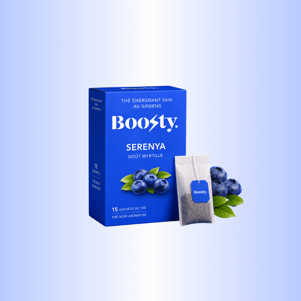 Photo d’une boîte de thé Boosty Serenya myrtille.