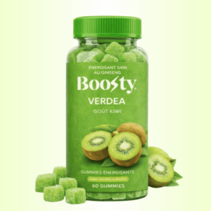 Pot transparent de gummies énergisantes Boosty Verdea au kiwi avec étiquette verte, contenant 60 gummies.