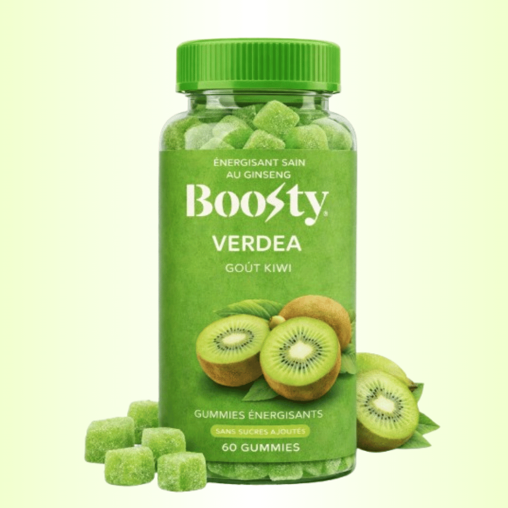 Pot transparent de gummies énergisantes Boosty Verdea au kiwi avec étiquette verte, contenant 60 gummies.