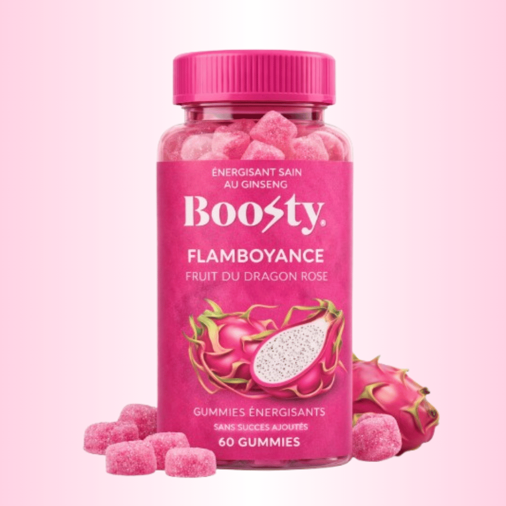 Pot transparent de gummies énergisantes Boosty Flamboyance au fruit du dragon rose avec étiquette rose, contenant 60 gummies.