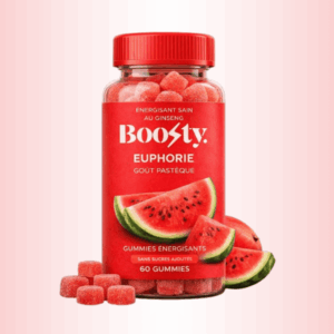 Pot transparent de gummies énergisantes Boosty Euphorie goût pastèque avec étiquette rouge, contenant 60 gummies.