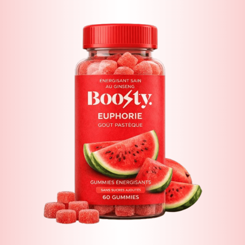 Pot transparent de gummies énergisantes Boosty Euphorie goût pastèque avec étiquette rouge, contenant 60 gummies.