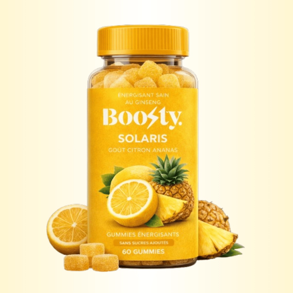 Pot transparent de gummies énergisantes Boosty Solaris citron ananas avec étiquette jaune, contenant 60 gummies.
