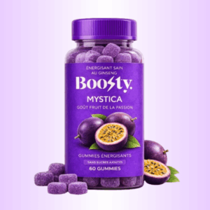 Pot transparent de gummies énergisantes Boosty Mystica fruit de la passion avec étiquette violette, contenant 60 gummies.