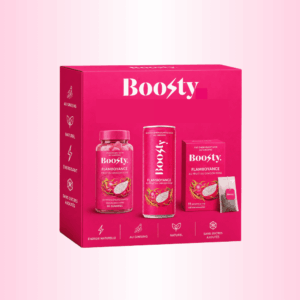 Boosty Serenya – Box myrtille avec canette, thé et gummies.