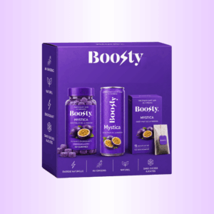 Box Boosty Mystika violette avec canette, boîte de thé et gummies goût fruit de la passion.