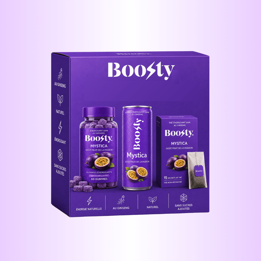 Box Boosty Mystika violette avec canette, boîte de thé et gummies goût fruit de la passion.
