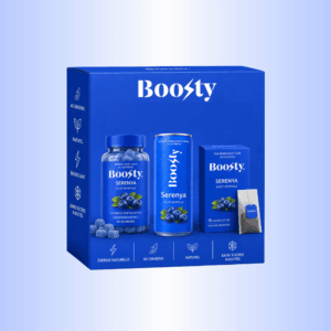 Photo d’une box Boosty Serenya myrtille avec canette, boîte de thé et boîte de gummies.