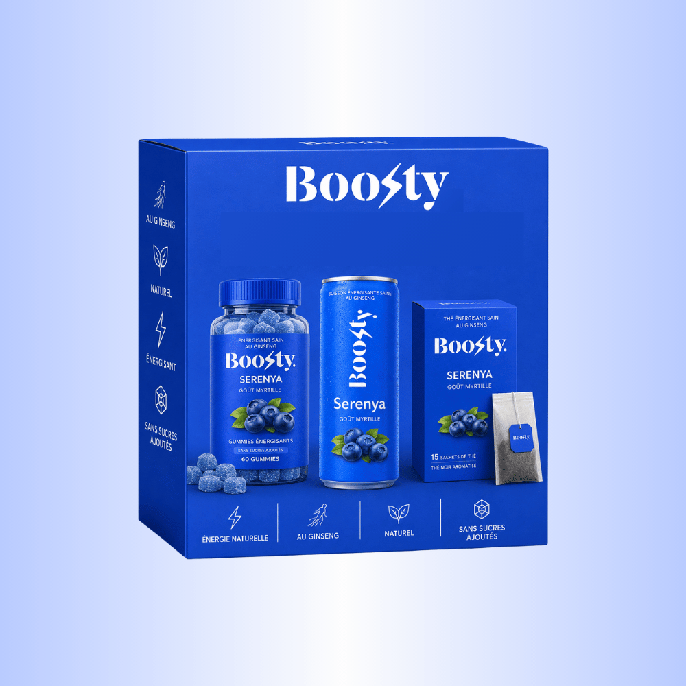 Photo d’une box Boosty Serenya myrtille avec canette, boîte de thé et boîte de gummies.