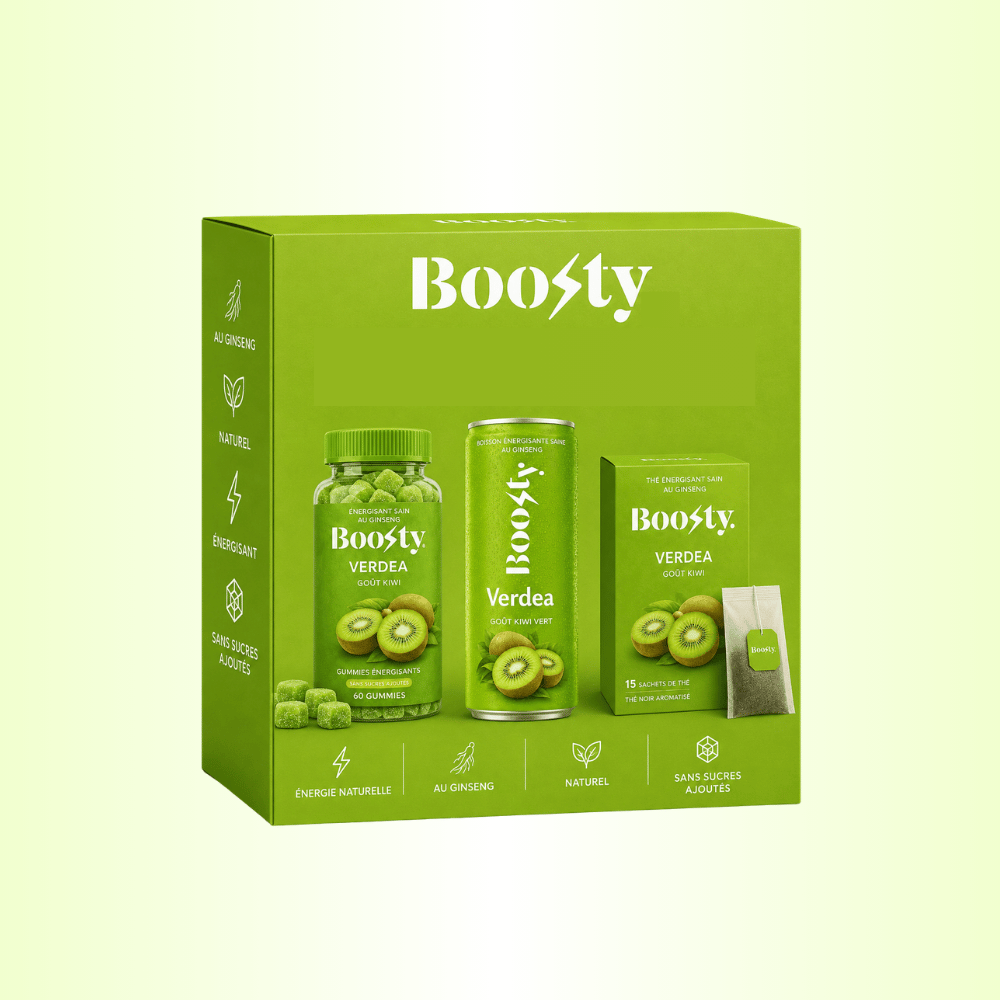 Boosty Vibra – Box mangue gingembre avec canette, thé et gummies.