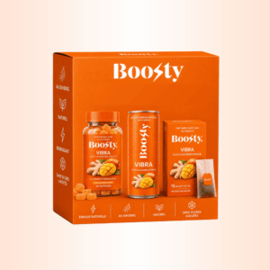Photo d’une box Boosty Vibra mangue gingembre avec canette, boîte de thé et boîte de gummies.