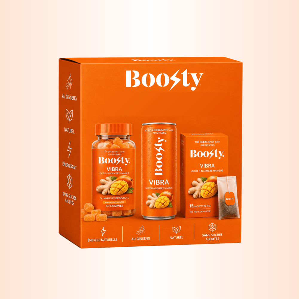 Photo d’une box Boosty Vibra mangue gingembre avec canette, boîte de thé et boîte de gummies.