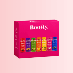Pack découverte Boosty gummies avec box rectangulaire en dégradé multicolore et les 7 boîtes de gummies visibles sur le devant.