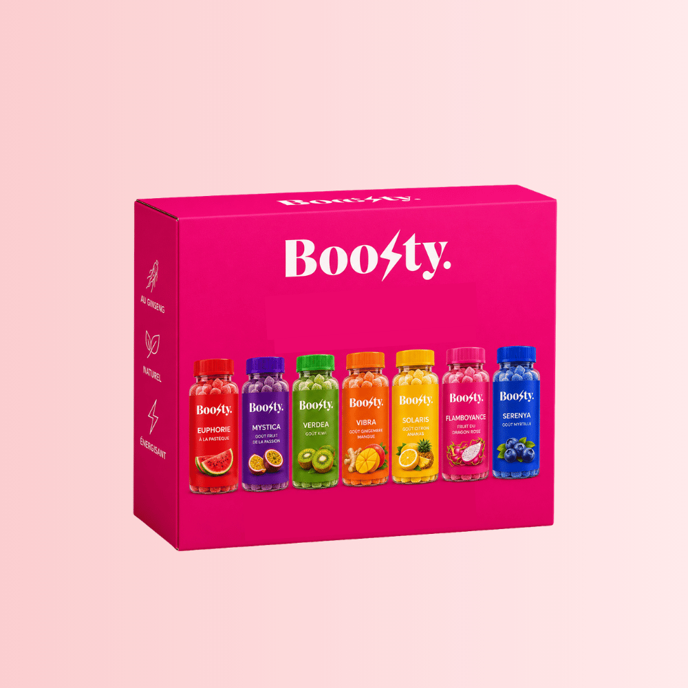 Pack découverte Boosty gummies avec box rectangulaire en dégradé multicolore et les 7 boîtes de gummies visibles sur le devant.