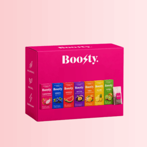 Pack découverte Boosty thés avec box rectangulaire en dégradé multicolore et les 7 boîtes de thé visibles sur le devant.