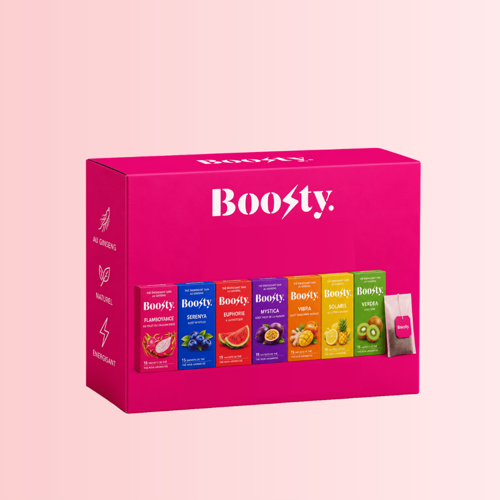 Pack découverte Boosty thés avec box rectangulaire en dégradé multicolore et les 7 boîtes de thé visibles sur le devant.