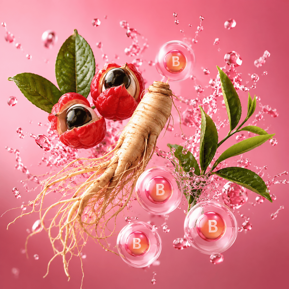 Ginseng, guarana, vitamines B en 3d qui flottent dans les airs
