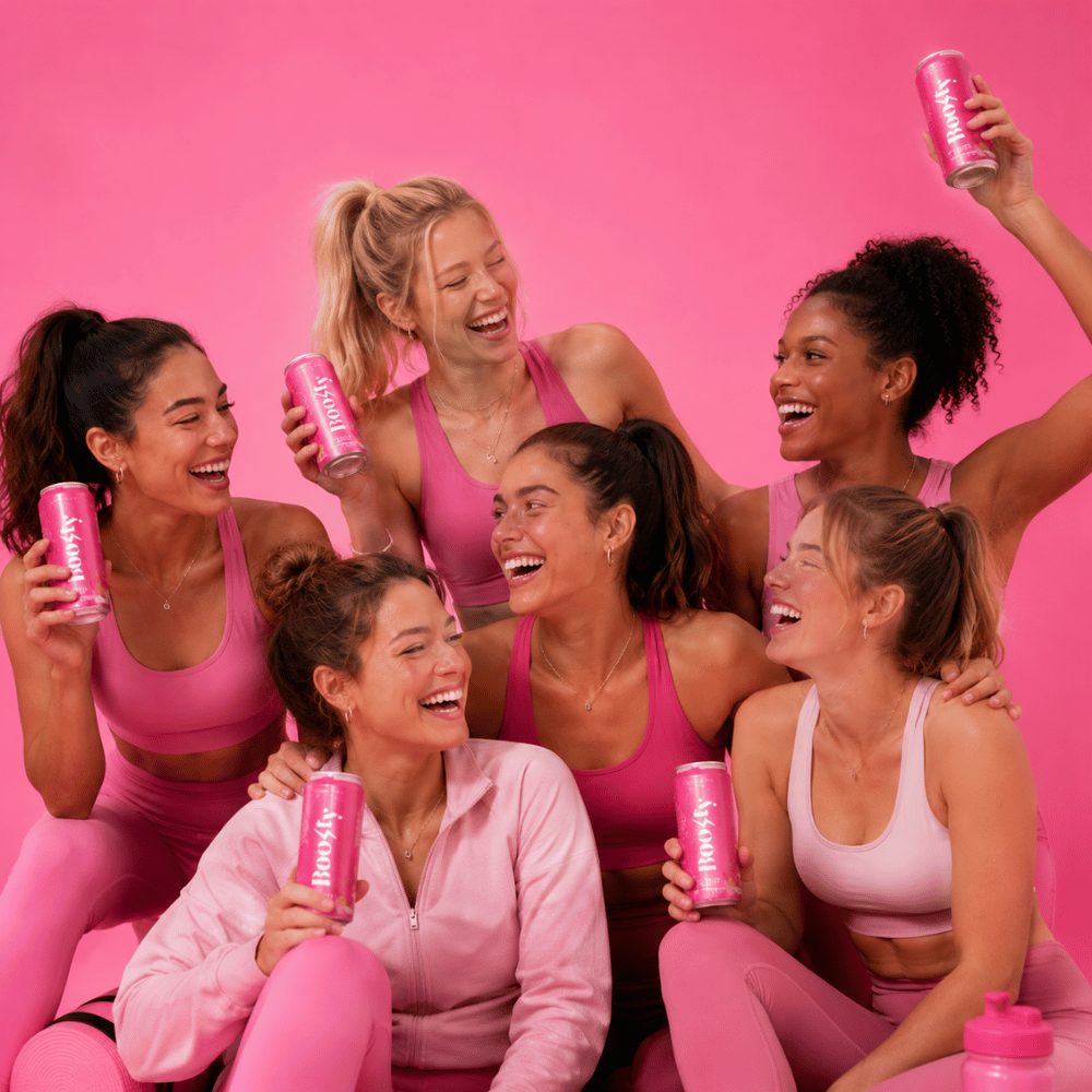 6 femmes rigolant avec une boisson Boosty à la main