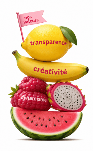 Fruits 3d empilés avec nos valeurs "créativité", "transparence", "dynamisme"